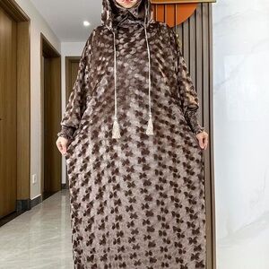 Elegant Brown Patterned Hooded Dress